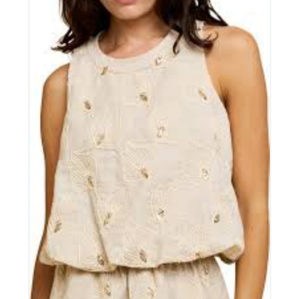 Ciebon Neutral Blouse Top Size Large Beige Gold Denisa Bubble Hem Linen Blend